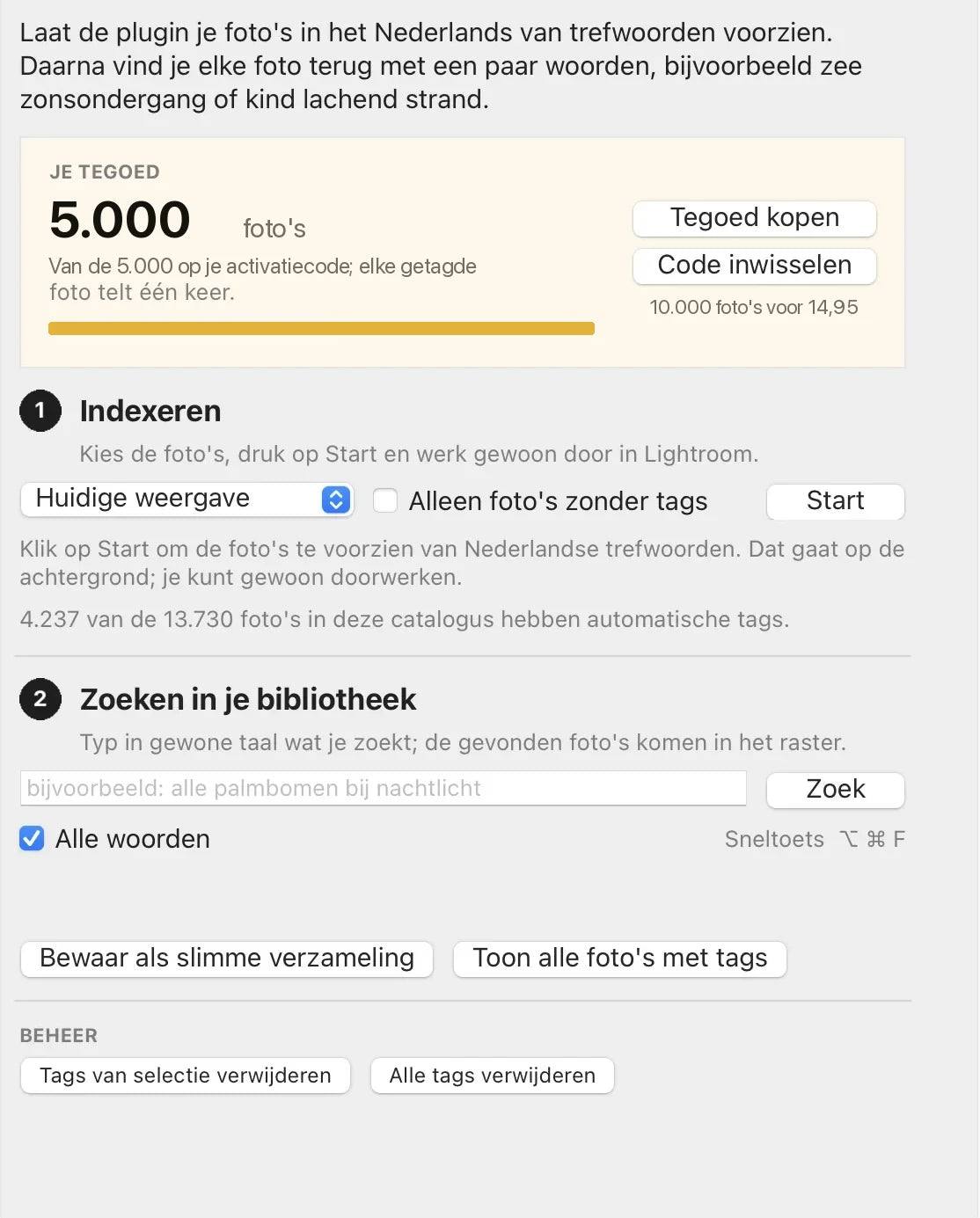 Zoom.nl Lightroom Plugin, tabblad Automatische Tags met een tegoed van 5.000 foto's