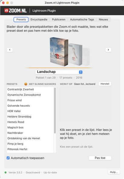 Zoom.nl Lightroom Plug-in, tabblad Presets: alle presetpakketten van Zoom.nl met uitleg per preset